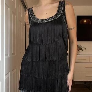 Vintage Cache Black Fringe Tank – Size L (Statement 20s-Inspired Top)